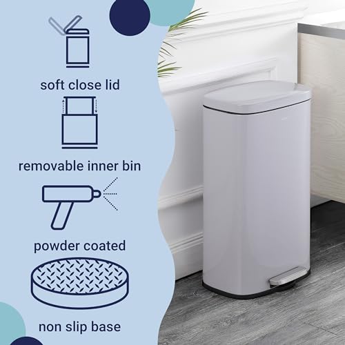happimess Curtis 8 Gal Step Trash Can Soft Close 25", Gloss Gray | Iron Construction, Satin Finish, Removable Liner, Steel Pedal, 20 Trash Bags Included, Kitchen Office Bin - color: Fog Gray