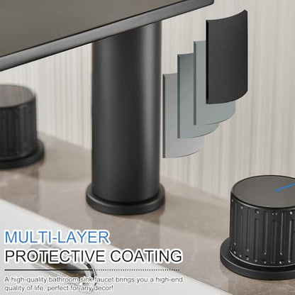 becola Black Bathroom Faucet 3 Hole, 8 inch Widespread Bathroom Faucet with Top Storage, Waterfall Bathroom Faucet，2-Handle Modern Vanity Faucet with Adjust Knobs and Two Supply Lines - color: Matte Black