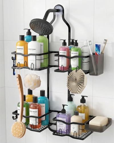 Shower Caddy Hanging – Rustproof Shower Organizer Hanging for Inside Shower – Over the Showerhead Rack with Soap Holder & Razor Hooks, No Drilling Bathroom Shower Shelves and Storage, Black
