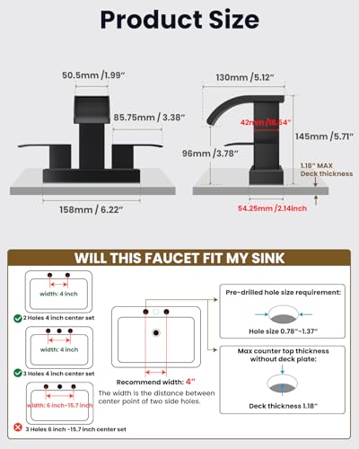 gotonovo Waterfall 4’’ Centerset Bathroom Sink Faucet Matte Black | 2 Handle Bathroom Faucet,SUS304,2 or 3 Hole,2.17’’ Wide Spout,24’’ cUPC Water Line,Pop Up Drain,Vanity,RV,Lavatory Modern Tap - color: Black