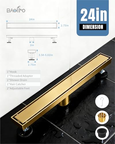 24 Inch Brushed Gold Linear Shower Drain | CUPC Certified 2-in-1 Tile Insert for Curbless Showers. 304 Steel, 15.8GPM Flow. Includes Hair Catcher & Adjustable Feet. - color: Gold, size: 24in