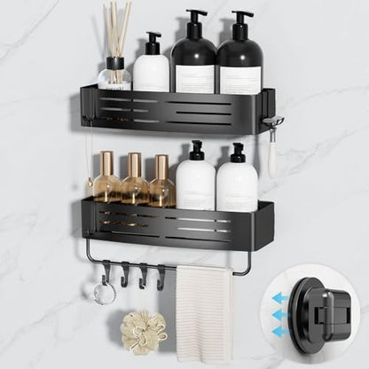 Onemake Shower Caddy Suction Cup, 2 Pack Shower Shelf with Hooks, Black | No-drill Rustproof Aluminum Removable Caddy with Hooks, Wall Mounted Shower Organizer, Corner Shampoo Holder for Bathroom - style: 2 Tier-Black Square Caddies