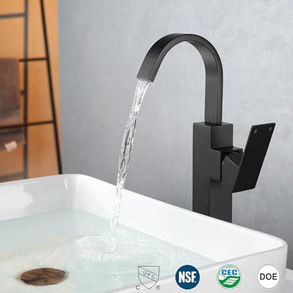 Matte Black Vessel Sink Faucet, Single Handle Tall Bathroom Faucet，Waterfall Bathroom Faucet Single Hole Lavatory Vanity Tap Single Hole Bar Sink Faucet with Pop Up Drain and Supply Lines,SL50044BK - color: Matte Black, size: Tall