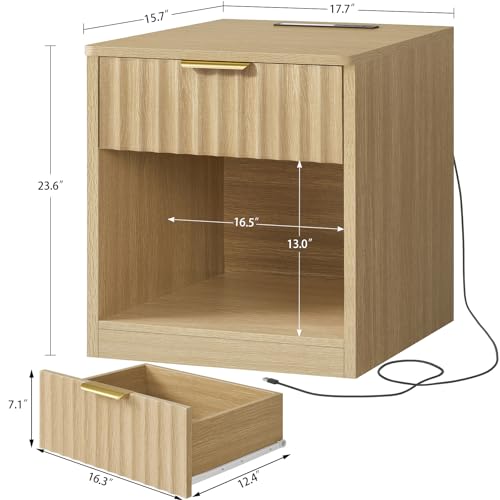 Fluted Nightstands Set of 2, Bed Side Table with Charging Station and LED Light, Night Stand with Storage Drawer and Open Shelf, End Table for Small Space, Bedroom, Natural - color: Unbzx025rd2-zf