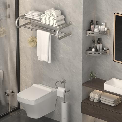 Adjustable Bathroom Towel Rack with Shelf, Towel Bar, Nickel | 15-25 Inch Lavatory Double Towel Bar, Hotel Style Rod with 4 Hooks, Multifunction Towel Holder Wall Mount, Stainless Steel - color: Nickel