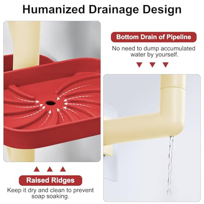 Soap Holder Four Layer Wall Mounted NO-Drilling Rotatable Self-draining Removable Soap Dish for Shower Bathroom Tray,Self Draining Sponge Holder,Razor Holder (Red/Ecru) - color: Red/Ecru