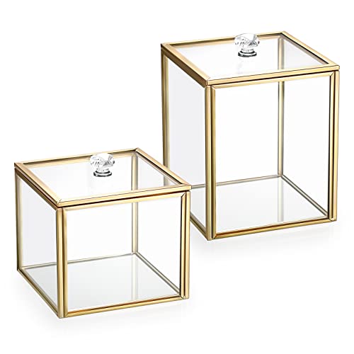 Hipiwe 2 Pack Glass Qtip Holder Dispenser With Lid Gold Bathroom Containers | Vanity Canisters for Cotton Balls Makeup Sponges Bath Salts Candles, Countertop Storage Organizer Jar