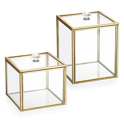 Hipiwe 2 Pack Glass Qtip Holder Dispenser With Lid Gold Bathroom Containers | Vanity Canisters for Cotton Balls Makeup Sponges Bath Salts Candles, Countertop Storage Organizer Jar