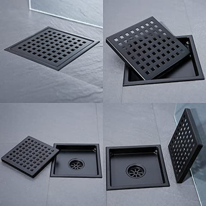 RANDOM Matte Black Square Shower Drain 6 Inch Drain Cover 304 Stainless Steel Floor Drain Grate with Removable Hair Strainer,6" Black Shower Drain - color: C-matte Black-6″ Square