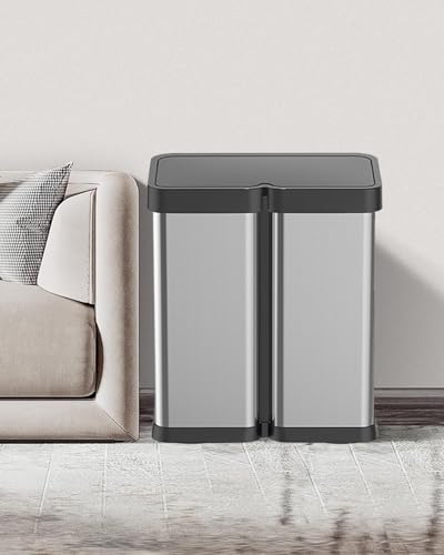 OUTLANE 2x8 Gallon/60L Dual Kitchen Trash Can, Motion Sensor Dual Garbage Can with Soft Close Lid, Automatic Stainless Steel Recycle Bin Combo for Kitchen, Bathroom, Office