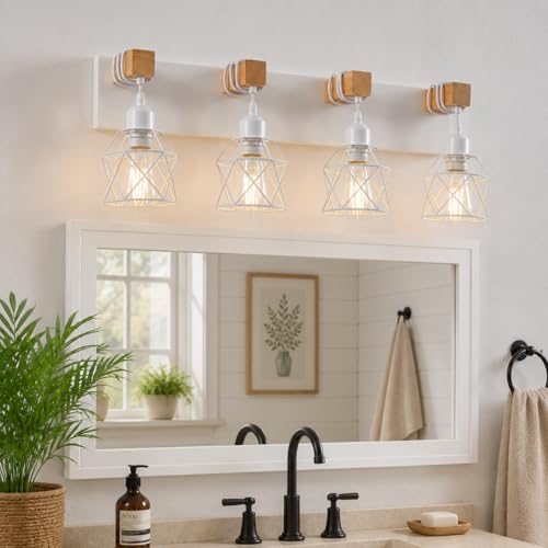 Farmhouse Vanity Light Fixture,4-Light Bathroom Lighting,White Modern Wood Wall Light Over Mirror with Metal Shade,LED Bulbs Not Included - color: White, size: 4-Light-Wide 28"