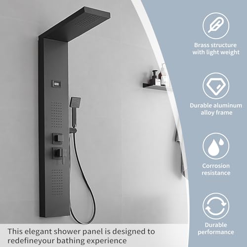 Bathroom Shower Panel Shower Tower System with 100 Body Massage Nozzle Jets, Shower Wall Panels Rainfall Shower Head with Temperature Display, Stainless Steel, Black