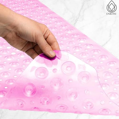 ENKOSI Non-Slip Bath & Shower Mat 40x16 Extra Long, Suction & Drain Holes | Clear Pink look; Durable PVC; 40x16 in, Clear Pink - color: Clear Pink