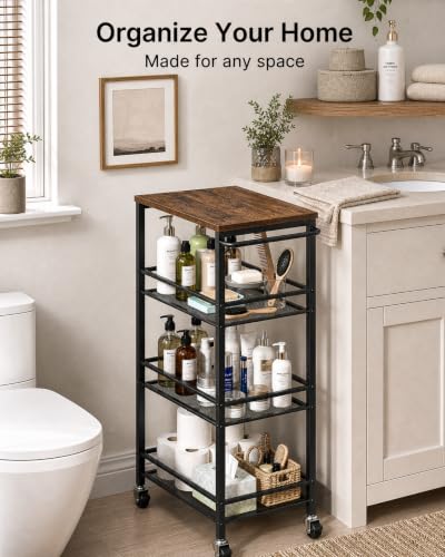 Pipishell Slim Storage Cart with Wheels, 4 Tier Rolling Bathroom Storage Cart with Handle and Wood Top, Metal Slim Kitchen Cart for Laundry Room, Bathroom, Kitchen, Narrow Space, Black & Rustic Brown - size: 10.8 in