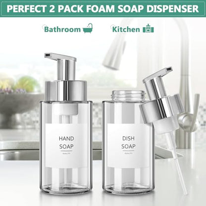 RYTOXILO Glass Soap Dispenser, 10 oz/300ml Foaming Soap Dispenser, 2 Pack Foaming Hand Dispenser for Bathroom & Kitchen, Clear Refillable Foam Soap Bottle with Silver Pump - color: Clear Bottle, size: 10 Fl oz with Silver Pump