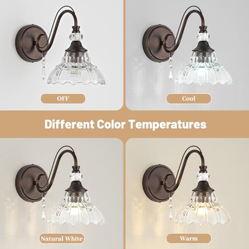 1 Piece Oil Rubbed Bronze Finish Wall Sconce, 1-Light Modern Wall Sconce with Hanging Crystal Accents and Flower-Shaped Clear Shades for Bathroom Bedroom Living Room,Modern Vanity Light - color: Oil-Rubbed Bronze, size: 1-Light