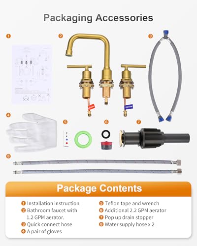 WOWOW Gold Bathroom Faucet 3 Hole, Widespread Vanity Sink Faucets 8 Inch | Copper Inlet Brushed Gold Faucet for Bathroom Sink with Swivel Spout, 2 Handles Lavatory Tap with Drain and cUPC Supply Line - color: Brushed Gold, style: Upgrade-8 Inch
