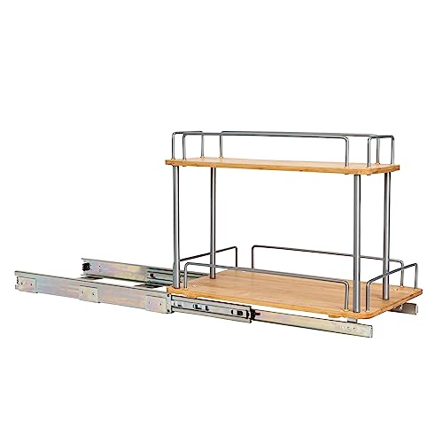 Household Essentials Bamboo and Silver Iron Two-Tier Slide-Out Organizer - size: 11.5", style: Steel Rim Undersink