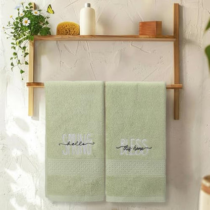 SmoothNovelty 2 Pcs Hello Spring Hand Towels Gray Green Bathroom Decor 14x29 Inch 100% Cotton Soft Absorbent Bless This Home Embroidered Decorative Hand Towels for Bathroom Kitchen Housewarming Gifts - style: Hello Spring