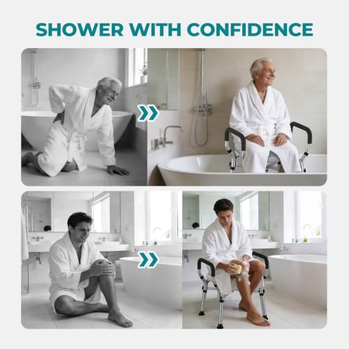 Shower Chair for Inside Shower with Arms & Back, 550 lbs, 6 Heights | Dual Crossbar Frame, Non-Slip Feet, 22-Inch EVA-Cushioned Seat, Showerhead Holder, Rust-Resistant Aluminum, Tool-Free Setup - color: White