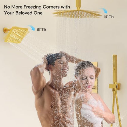 Shower Faucet Set,Thermostatic Shower System Brushed Gold,12 Inch Ceiling Mounted and 6 Inch Wall Mount Rain Shower Head with 2 in 1 Handhled,High Pressure Dual Shower Head Combo Set - color: Gold, size: 12"-1