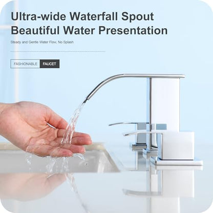 GAGALIFE 8 Inch Waterfall Bathroom Faucets for Sink 3 Hole - Chrome Bathroom Faucet with Pop-up Drain, Widespread Bathroom Sink Faucet 2-Handles, Patent No. : US D967,340 S - color: Chrome, style: With Drain