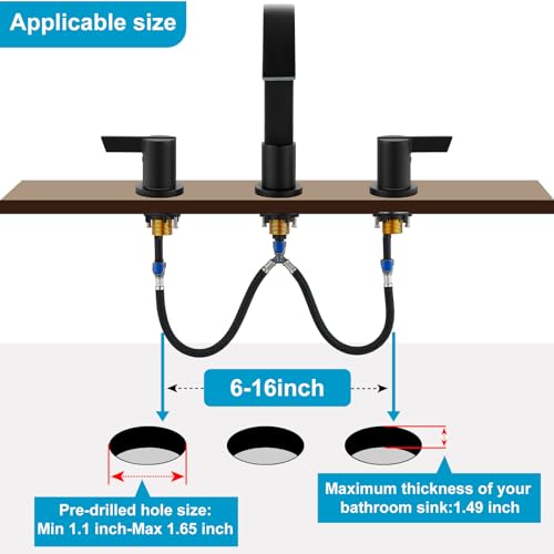 Midanya 8 Inch Widespread Bathroom Sink Faucet 3 Hole,Matte Black | Waterfall Swivel Spout,2 Handle,SUS304,with Pop Up Drain,cUPC 24" Water Hose,for 6-16” hole distance vanity,RV,Farmhouse Sink - color: Black
