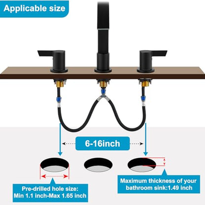 Midanya 8 Inch Widespread Bathroom Sink Faucet 3 Hole,Matte Black | Waterfall Swivel Spout,2 Handle,SUS304,with Pop Up Drain,cUPC 24" Water Hose,for 6-16” hole distance vanity,RV,Farmhouse Sink - color: Black