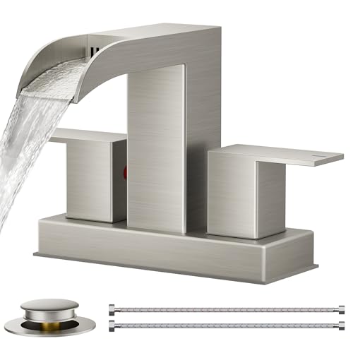 FORIOUS Waterfall Bathroom Faucet 2 Hole 4 Inch Centerset Brushed Nickel | Square Bathroom Sink Faucet 4 Inch Two Handles with Pop-up Drain and Supply Lines, for Vanity RV Farmhouse Laundry Room Basin - color: Stainless Steel