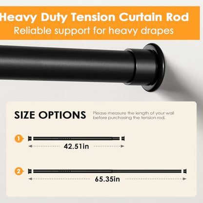 Tension Curtain Rod 43-65 Inches Extra Long Black Heavy Duty | Tension Rods Adjustable Curtain Rod No Drilling Spring Loaded Tension Rod for Windows Patio Curtains and Non Slip - color: Black, size: 43 to 65 inches