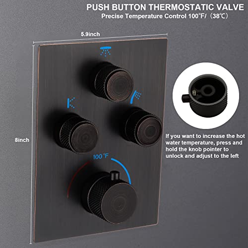 Thermostatic Shower System with Body Jets, Wall Mounted 12 Inch Rain Shower Head with Handheld Spray and 4 Body Jets Set, Push Button Thermostatic Shower Brass Valve, Oil Rubbed Bronze - color: Oil Rubbed Bronze, style: 12inch+4 body jets