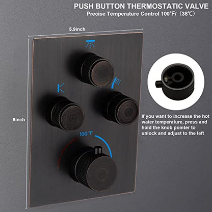 Thermostatic Shower System with Body Jets, Wall Mounted 12 Inch Rain Shower Head with Handheld Spray and 4 Body Jets Set, Push Button Thermostatic Shower Brass Valve, Oil Rubbed Bronze - color: Oil Rubbed Bronze, style: 12inch+4 body jets