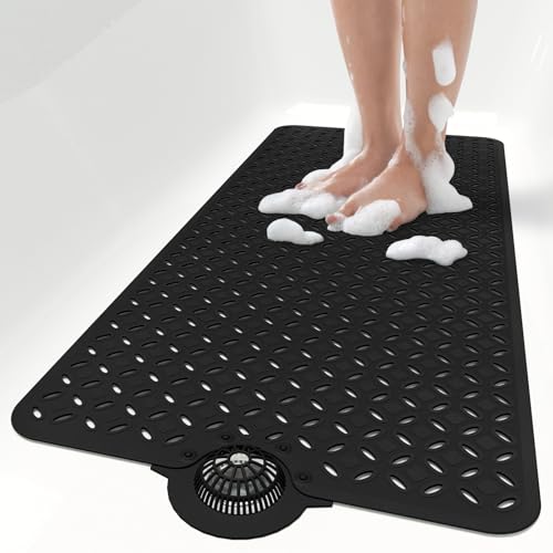 OTHWAY Bath Mat for Tub Non Slip: 39" X 17" Long Bathtub Mat with Hair Catcher│Big Drain Holes Shower Mats for Inside Shower│Machine Washable (Black) - color: Black