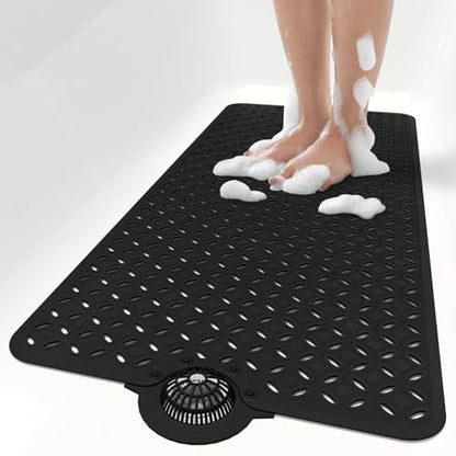 OTHWAY Bath Mat for Tub Non Slip: 39" X 17" Long Bathtub Mat with Hair Catcher│Big Drain Holes Shower Mats for Inside Shower│Machine Washable (Black) - color: Black