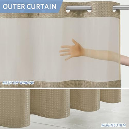 Furlinic Stall Shower Curtain No Hook with Snap in Liner,Waffle Weave Waterproof Bathroom Curtains with See Through Top Window & Weighted Magnets,Beige,36x72 Inch - color: Beige, size: 36"W x 72"L (Pack of 1)