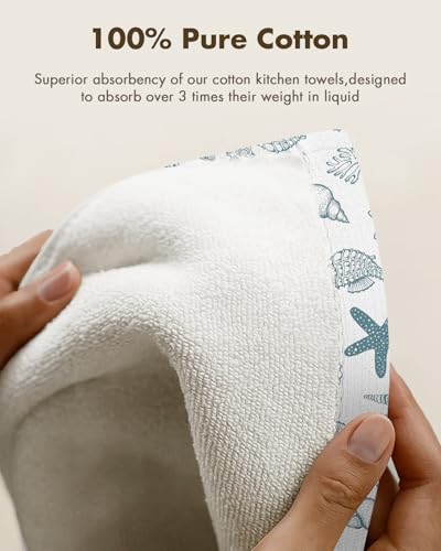 2pcs Cotton Waffle Kitchen Towels, Nautical | Waffle Weave, Terry Cloth, Pure Cotton, Sustainable, 16"x26", Highly Absorbent, with Hanging Loop, Giftable Package - color: Coastal