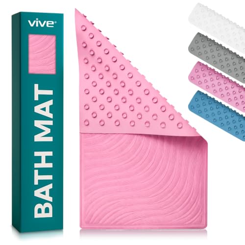 Vive Non-Slip Bath Mat with Suction Cups - 28" x 16" Extra Large Rubber Mat | For Safety & Comfort - Patented Grip Prevents Slips and Falls for Kids, Elderly, Men, Women - XL Non Skid Shower & Tub Cover - color: Pink