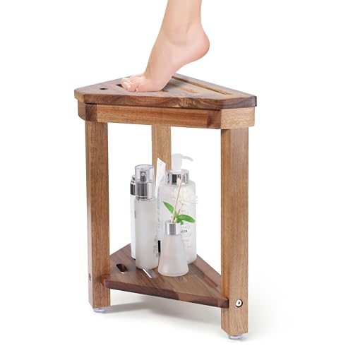 Boulphia Shower Foot Rest 14in, Acacia Wood Shower Stool for Shaving Legs, Waterproof Corner Shower Stool with Storage Shelf for Inside Small Shower Spaces, Wood Color - color: Wood Color