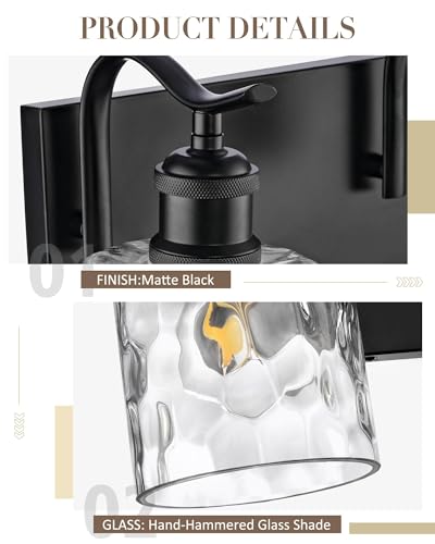 Bathroom Vanity Light Fixtures Over Mirror 3-Light Hammered Glass Wall Mounted Modern Black - VL01BKH-3 - color: Black & Hammered Glass, size: 3 LIGHT