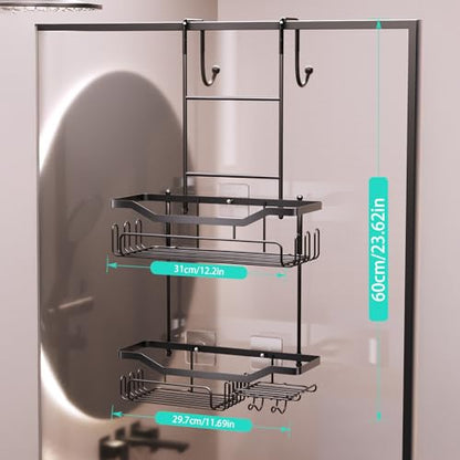 HapiRm Hanging Shower Caddy Over the Door with Soap Holder, No Drilling Adhesive Shower Organizer with 11 Hooks, Rustproof & Waterproof 304 Stainless Steel Bathroom Shelves - Black - color: A-Black