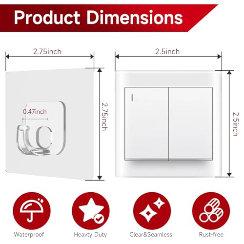 10 Pack Invisible Adhesive Hooks for Hanging, Shower Hook for Inside Shower | Heavy Duty, Waterproof & Rustproof, Clear Sticky Hooks for Walls No Damage, Multi-Use for Kitchen, Bathroom, Bedroom, Office - size: Large Clear Hooks - 10 Pcs