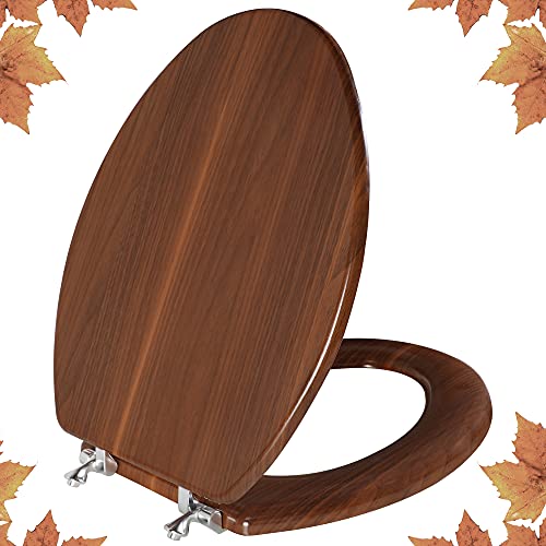 Angol Shiold Elongated Wooden Toilet Seat with Zinc Alloy Hinges, Easy to Install and Clean, Anti-pinch, Walnut - color: Walnut, size: Zinc Alloy Hinge