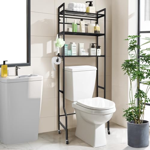 IIQ 3-Tier Metal Bathroom Organizer Shelf, Over The Toilet Storage,Freestanding Above Toilet Rack with Universal Wheels Toilet Paper 2 Holder Hooks,Simple Morden