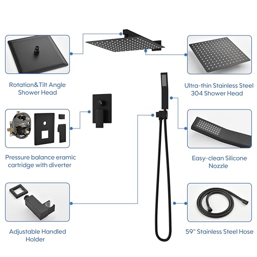 WELLFOR 12-In Wall Mounted Rain Shower Faucet with Single Handle and Handheld Spray, Waterfall Dual Head Shower Head System with 2-way Diverter, Pressure-balanced Valve Included, Matte Black - color: Matte Black, style: Wall Mount 12-Inch