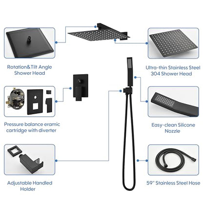 WELLFOR 12-In Wall Mounted Rain Shower Faucet with Single Handle and Handheld Spray, Waterfall Dual Head Shower Head System with 2-way Diverter, Pressure-balanced Valve Included, Matte Black - color: Matte Black, style: Wall Mount 12-Inch