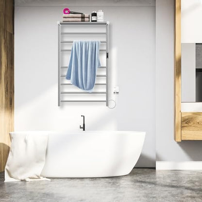 Heated Towel Racks for Bathroom, 11Bar Electric Towel Warmer Rack with Shelf & 2 Hooks, Wall-Mounted Time Setting and Temperature Control Heated Drying Rack for Home, Salon, Spa (Silver - color: Sliver