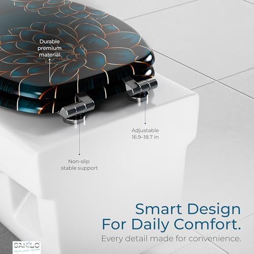 SANILO Wooden Toilet Seat with Soft Close [ELONGATED] - Decorative, Quiet & Slow Close Molded Wood Seat - With Strong Bumpers & Hinges - Adjustable Fit - Dahlia - color: Dahlia