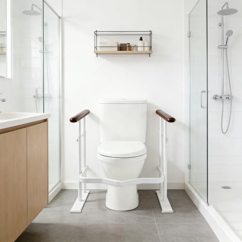 Toilet Safety Rails for Seniors - Toilet Safety Frame with Dual Pillars, Waterproof Nighttime Reflective Base, 3-Speed Height Adjustment (Brown, Double Pillar) - color: Brown