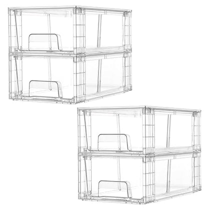 Vtopmart 4 Pack Stackable Storage Drawers,Clear Acrylic Drawer Organizers with Handles, Easily Assemble for Fridge, Bathroom,Kitchen Undersink,Cabinet,Pantry Organization and Storage | Clear Drawer Organizers with Removable Dividers for Flexible storage.