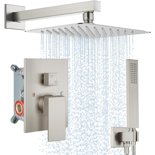 Midanya Shower Faucet Set with Handheld Sprayer,10 Inch,Brushed Nickel | Rough-in Shower Valve and Trim Kit Included,Square Rain Head,Wall Mount Shower System,All Metal,Bathroom - color: Nickel, size: 10 Inch